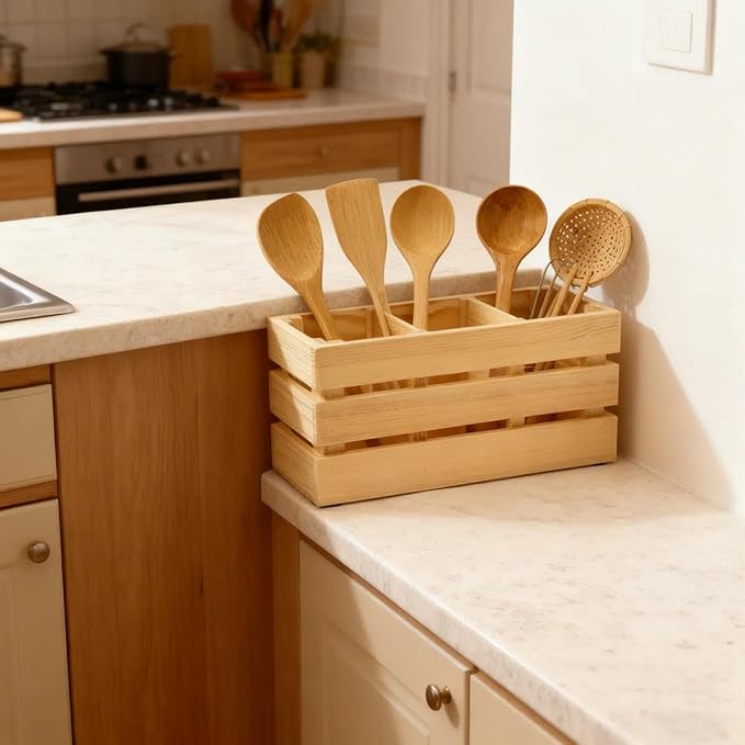 13" Large Wooden Utensil Holder, 3 Compartments Kitchen Countertop Caddy for Cooking Utensils & Silverware, Farmhouse Style Organizer with Handle