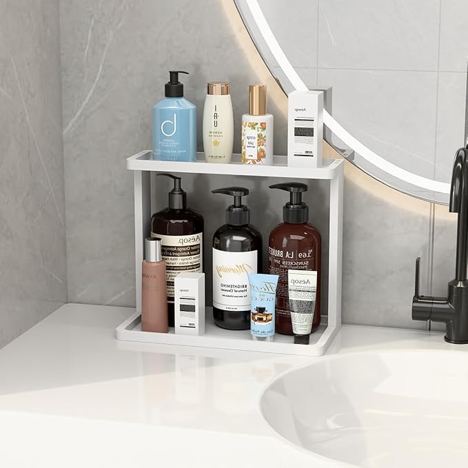 PEKER Bamboo Bathroom Organizer Countertop – Small Vanity Storage Shelf for Makeup, Perfume, Skincare – Natural Cosmetics Display Rack for Dresser, Sink, Kitchen –White