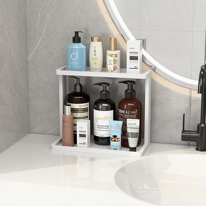 PEKER Bamboo Bathroom Organizer Countertop – Small Vanity Storage Shelf for Makeup, Perfume, Skincare – Natural Cosmetics Display Rack for Dresser, Sink, Kitchen –White