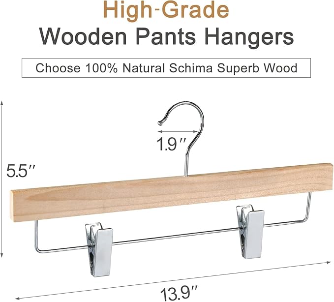 TOPIA HANGER Natural Unfinished Wood Pants Hangers, Wooden Skirt Hanger with Adjustable Clips, 360° Swivel Anti-Rust Hook, Smooth Finish Wood for Trousers 10 Pack-CT10PN