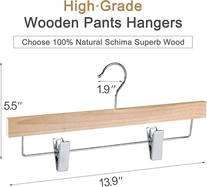 TOPIA HANGER Natural Unfinished Wood Pants Hangers, Wooden Skirt Hanger with Adjustable Clips, 360° Swivel Anti-Rust Hook, Smooth Finish Wood for Trousers 10 Pack-CT10PN