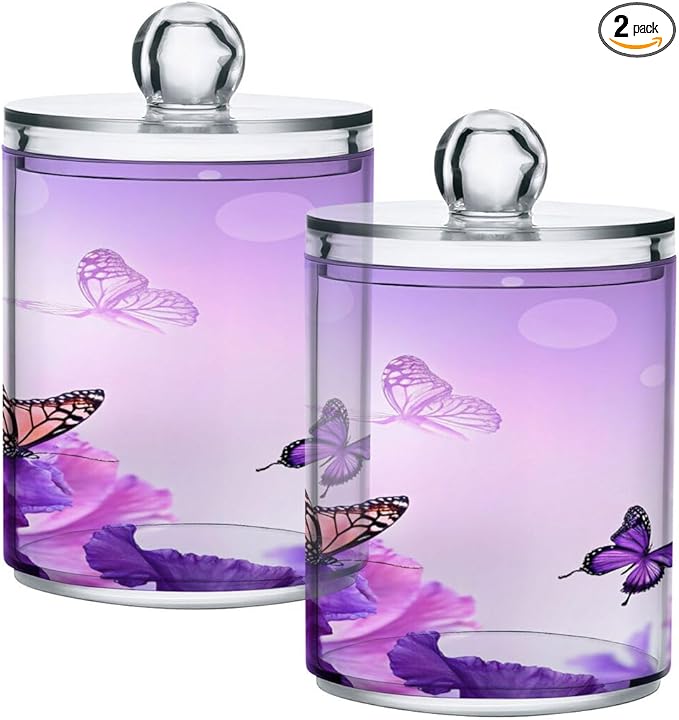 Purple Butterfly Qtip Holder 2 Pack, 14 oz Apothecary Jars Bathroom Vanity Organizer Canister for Qtips,Cotton Swabs,Cotton Balls,Cosmetic Pads,Flossers,Bath Salts