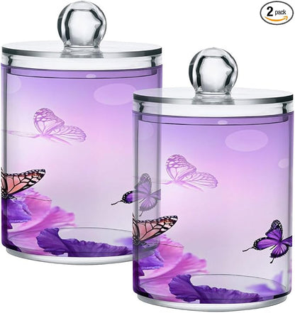 Purple Butterfly Qtip Holder 2 Pack, 14 oz Apothecary Jars Bathroom Vanity Organizer Canister for Qtips,Cotton Swabs,Cotton Balls,Cosmetic Pads,Flossers,Bath Salts