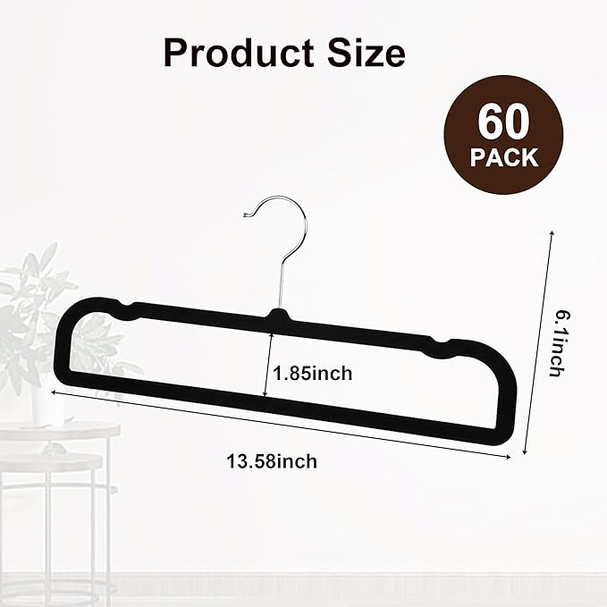 60 Pack Black Velvet Pants Hangers, Flocked Pants Hangers, Felt Clothes Hanger Heavy Duty Non Slip, Space-Saving Clothing Hanger with 360 Swivel Hook for Coat Jeans Shorts Skirts Tank Top