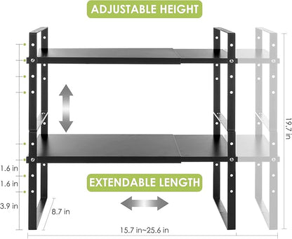 Across-Star Expandable Cabinet Shelf Organizer Rack, Stackable Kitchen Countertop Organizer Storage Shelves, Adjustable Height Pantry Counter Shelf Riser Spice Rack (Black, 2 Pack)