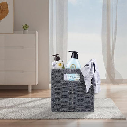 6 Pack 8.7 Inch Wicker Baskets, Hand Woven Paper Rope Storage Baskets, Foldable Cube Storage Bins Organizer Square Wicker Cubes for Shelves Pantry Organizing & Decor (Gray)