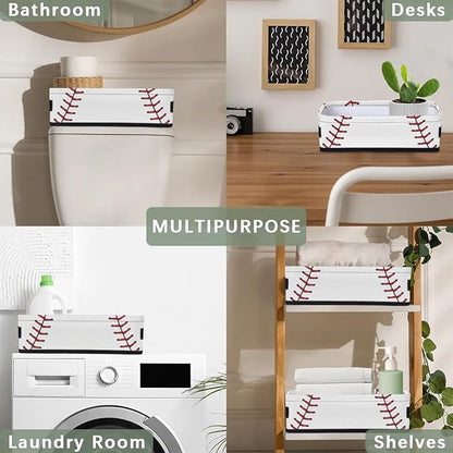 Baseball Lace Small Bathroom Baskets for Toilet,Foldable Toilet Paper Tank Basket Organizer for Towels Storage Decorative Open Storage Bins for Home,Closet,Containers,Cabinet