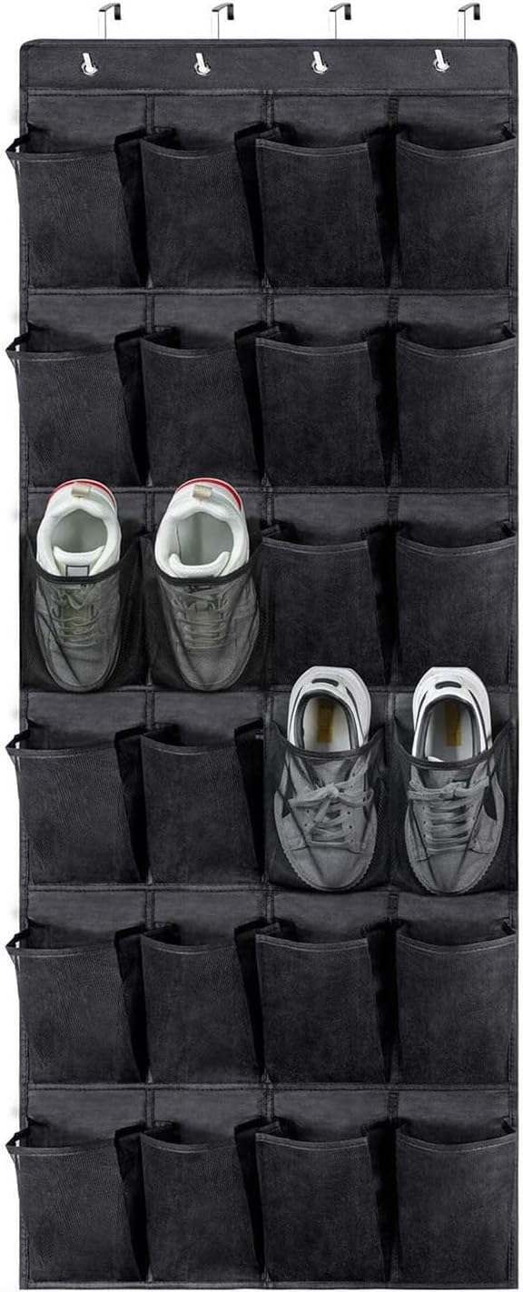 Shoe Rack for Closet Front Door Entrance Entryway Cabinet Hanging Organizer,Shoe Organizers Over The Door Bedroom Bathroom Space Saving Portable Clear 28 Pocket Mesh Breathable Hanger(Black)