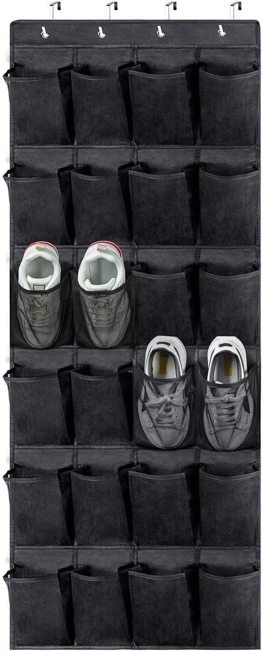 Shoe Rack for Closet Front Door Entrance Entryway Cabinet Hanging Organizer,Shoe Organizers Over The Door Bedroom Bathroom Space Saving Portable Clear 28 Pocket Mesh Breathable Hanger(Black)