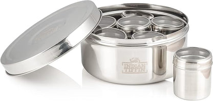 Indian-Tiffin Masala Dabba – Airtight Spice Container – Food Grade Stainless Steel – with Spice Labels & Spoon (Large (20cm), Steel Lid, Clear Lids on Inner Pots)