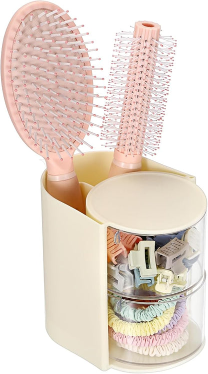 Rotating Hair Accessories Organizer with Comb Holder Cosmetic Storage Case for Makeup Sponge Plastic Desktop Organizer, 2-Layer Yellow