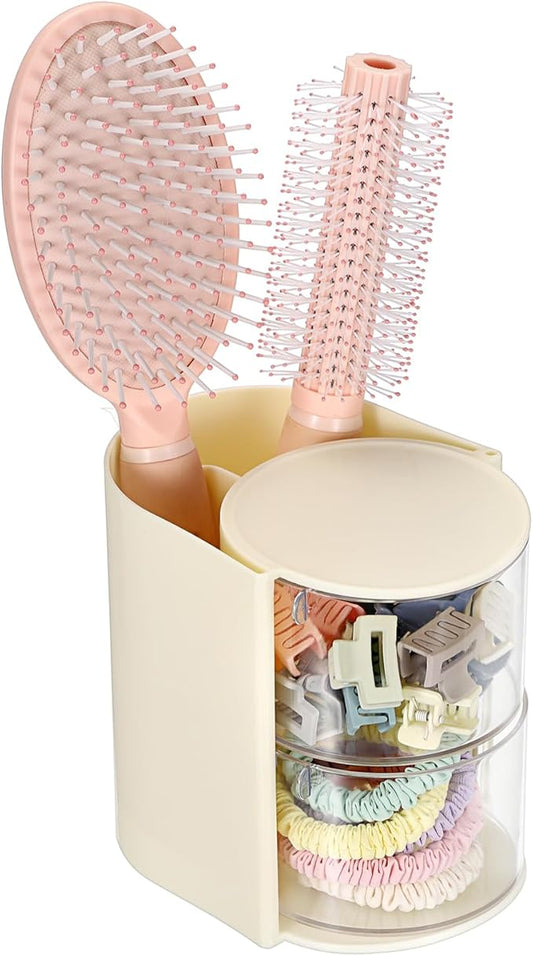 Rotating Hair Accessories Organizer with Comb Holder Cosmetic Storage Case for Makeup Sponge Plastic Desktop Organizer, 2-Layer Yellow