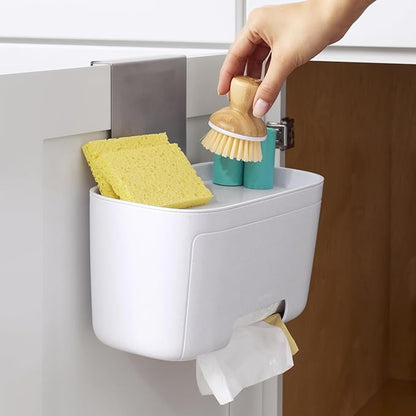 YouCopia DoorStash Garbage Bag Dispenser, Hanging Kitchen Cabinet Door Trash Bag Organizer with Removable Lid for Storage, Speckled White