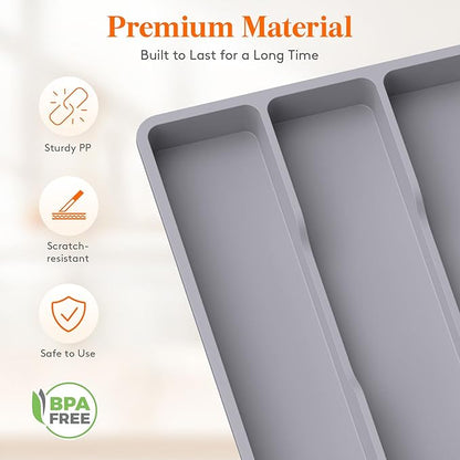 Lifewit Utensil Organizer for Kitchen Drawer, Expandable Cooking Silverware Tray, Adjustable Cutlery Flatware Holder, Plastic Spatula Tools Storage Divider, 17.3 x 15.8", Gray