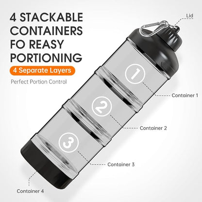 BYLWORKOUT 3 Layers Protein Travel Container with Funnel and Keychain | Cute Protein and Kitchen Storage Containers | Clear Plastic Kitchen Grade Box Organisers for Workout and Travel (Black)