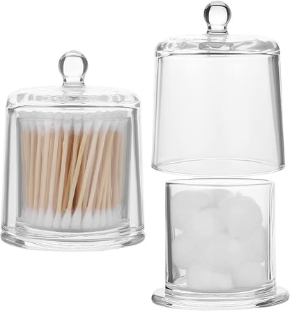 Qtip Holder Thick Glass Apothecary Jars with Lid for Bathroom Accessories Vanity Organizers and Makeup Storage for Cotton Ball, Swabs, Candy, Jewelry, Bathroom Decor, 2 Pack Clear