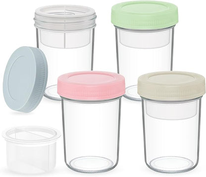 Xyptorix 16 oz Overnight Oats Containers with Airtight Lids - 4-Pack Leak-Proof Wide Mouth Mason Jars & Divided Cups for Dried and Wet Foods, Glass Jars for Chia Pudding, Salad, Snacks, and Yogurt