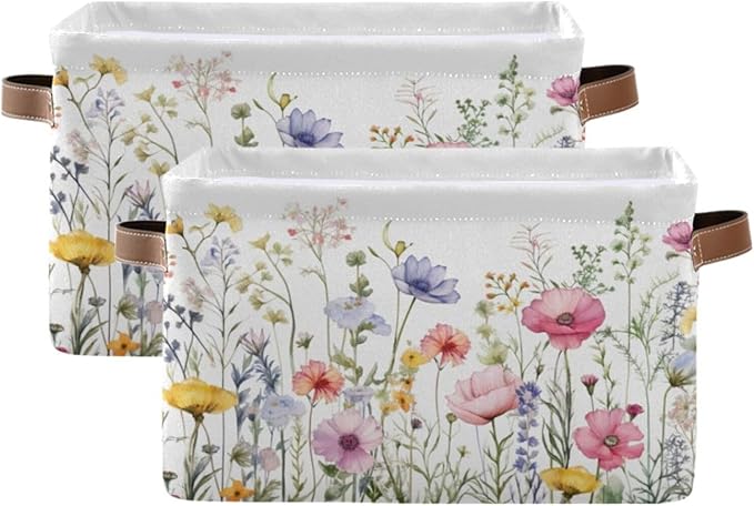 YETTASBIN Herbal Wildflowers Storage Basket 1pc, Large Collapsible Toys Clothes Organizer, Durable Canvas Storage Bin with Handle for Shelves Closet Laundry Home Office Decor