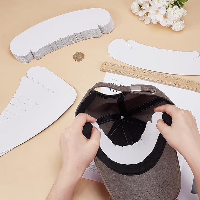 FINGERINSPIRE 50PCS Paper Baseball Cap Insert Shaper 2.7x10.3inch White Irregular Shape Hat Brim Support Reusable Paperboard Hat Cap Fitter Inserts for Man Woman Baseball Hats Display Organization