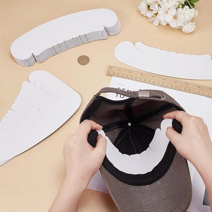 FINGERINSPIRE 50PCS Paper Baseball Cap Insert Shaper 2.7x10.3inch White Irregular Shape Hat Brim Support Reusable Paperboard Hat Cap Fitter Inserts for Man Woman Baseball Hats Display Organization