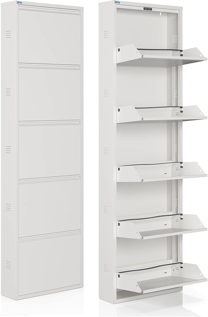 CEHA 5 Tier Metal Shoe Cabinet with Cover, Durable Shoe Storage Organizer for Entryway, Space Saving Shoe Shelf Closet with Side Ventilation Holes, 5.91" x 66.5" x 19.68", White