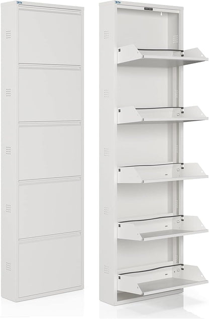 CEHA 5 Tier Metal Shoe Cabinet with Cover, Durable Shoe Storage Organizer for Entryway, Space Saving Shoe Shelf Closet with Side Ventilation Holes, 5.91" x 66.5" x 19.68", White