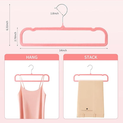 14 Inch 30 Pack Velvet Pants Hangers Non Slip,Slim Felt Jean Hangers with 10 Hooks and 2 Clips,Strong Durable Thin Space Saving Clothes Hanger with 360°Swivel Hook for Shorts,Skirts Bra(Pink)