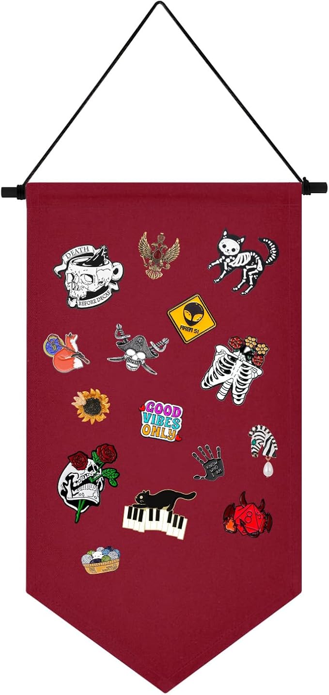 Wall Hanging Brooch Jewelry Storage Case Canvas Display Stand Enamel Pin Display Banner Holder Earrings Necklace Glitter Pin Collection Organizer (Christmas Red)