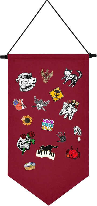 Wall Hanging Brooch Jewelry Storage Case Canvas Display Stand Enamel Pin Display Banner Holder Earrings Necklace Glitter Pin Collection Organizer (Christmas Red)