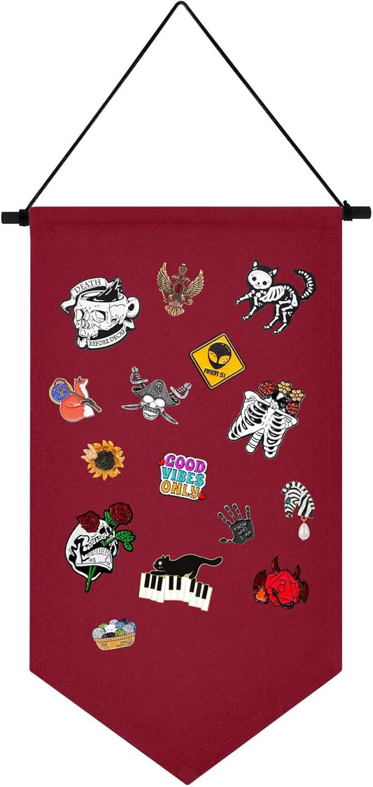 Wall Hanging Brooch Jewelry Storage Case Canvas Display Stand Enamel Pin Display Banner Holder Earrings Necklace Glitter Pin Collection Organizer (Christmas Red)