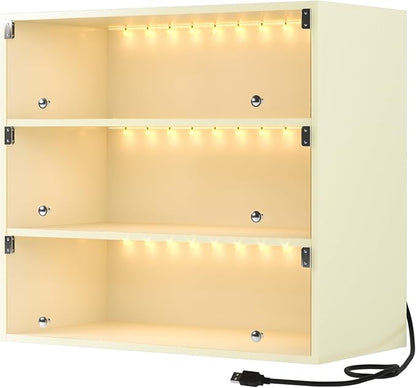 Sneaker Display Case with Lights featuring LED Intelligent Control Shoe Storage Box, Stackable LED Shoe Box Wood Shoe Display Case for Luxury Sneaker Storage (Beige 3-layer)
