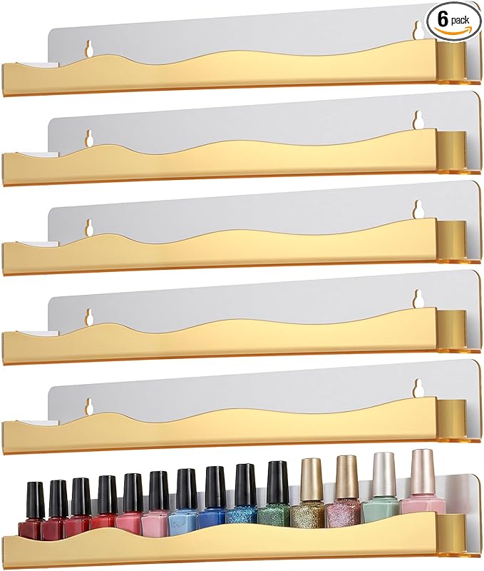 6 Pack Wall Mounted Nail Polish Organizer Rack, 15 Inch Gold Mirror Nail Polish Shelf with Stopper Multi-Purpose Shelf for Essential Oils Cosmetics Storage Display Rack for Salon Bathroom