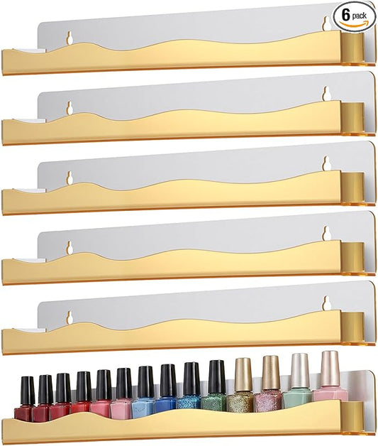 6 Pack Wall Mounted Nail Polish Organizer Rack, 15 Inch Gold Mirror Nail Polish Shelf with Stopper Multi-Purpose Shelf for Essential Oils Cosmetics Storage Display Rack for Salon Bathroom