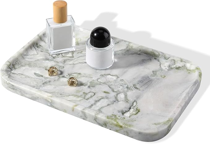 Karibiber Luxury Marble Vanity Tray, Bathroom Tray Countertop, Bianco Marble/Stone, Home Decorative Dresser Organizer, Storage for Kitchen Sink, Perfume Jewelry Holder(Green&White)