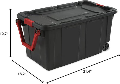 40-Gallon Wheeled Storage Bins (2-Pack) - Heavy Duty Plastic Totes with Lids & Handles - Industrial Garage/Utility Containers for Tools, Camping Gear (36.9" x 21.4") (Black)