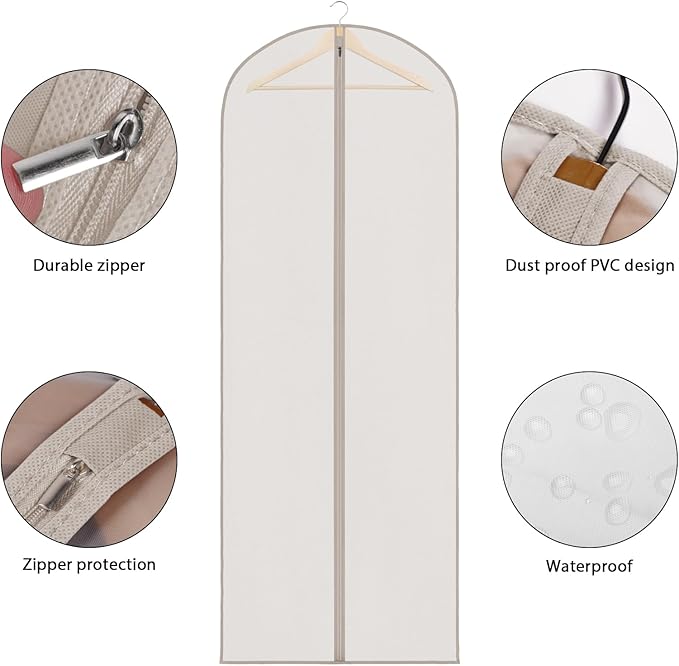 Zilink 65'' Dress Bags for Gowns Long Clear Garment Bags for Hanging Clothes Foldable Dress Covers Garment Bag for Closet Storage and Travel - Beige, 3 Pack