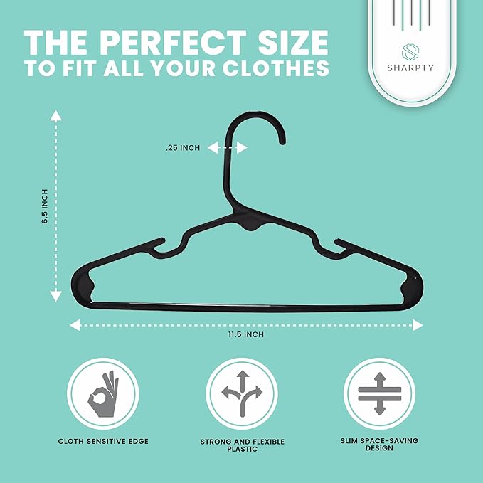 Sharpty Kids Plastic Hangers, Children's Hangers for Baby, Toddler, and Child Clothes - Everyday Standard Use - Ideal for Boys and Girls Closet, Clothing, Pants, Coats, and More - Black, 40 Pack