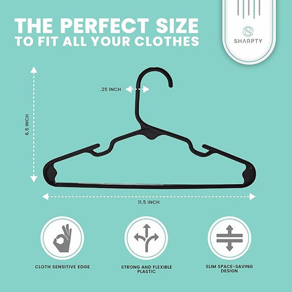Sharpty Kids Plastic Hangers, Children's Hangers for Baby, Toddler, and Child Clothes - Everyday Standard Use - Ideal for Boys and Girls Closet, Clothing, Pants, Coats, and More - Black, 40 Pack