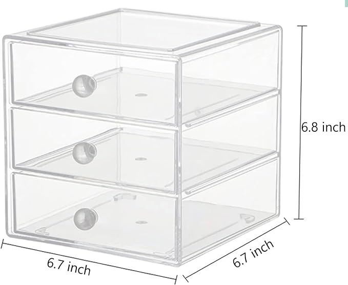 AJIODA Makeup Drawer Organizer Box with 3 Drawers, Acrylic Cosmetic Display Case Vanity Organizer Jewelry Storage Box Stackable Storage for Cosmetics, Skin Care, Bathroom, Countertop, Clear
