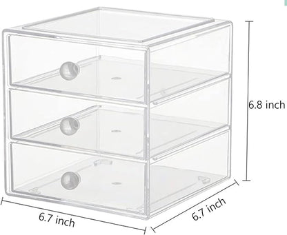 AJIODA Makeup Drawer Organizer Box with 3 Drawers, Acrylic Cosmetic Display Case Vanity Organizer Jewelry Storage Box Stackable Storage for Cosmetics, Skin Care, Bathroom, Countertop, Clear