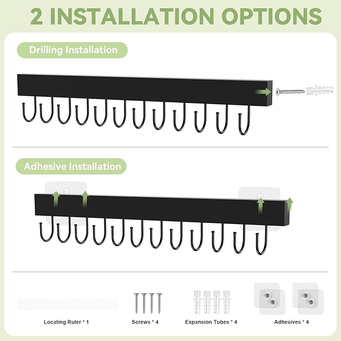 Belt Hanger Wall Mount, Adhesive Wooden Closet Belt Organizer with 24 Metal Hooks, Large Capacity, 2 Installation Options, Black, 2 Pcs