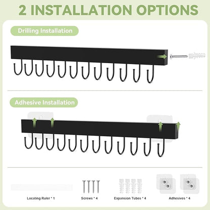 Belt Hanger Wall Mount, Adhesive Wooden Closet Belt Organizer with 24 Metal Hooks, Large Capacity, 2 Installation Options, Black, 2 Pcs