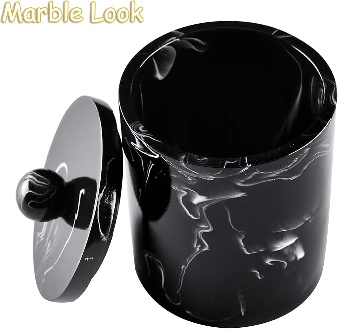 Qtip Holder Bathroom Canister with Mable Look,Resin Qtip Dispenser Vanity Storage Jars Organizer for Cotton Ball,Qtip,Cotton Swab,Bath Salts-Ink Black