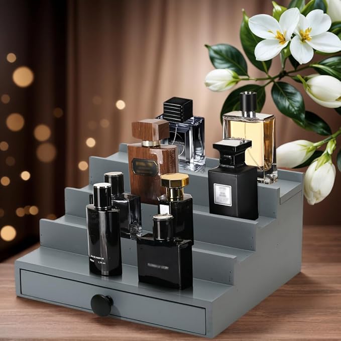 Cologne Organizer for Men - 4 Tier Wooden Grey Cologne Display Stand with Drawer and Hidden Compartment, Mens Cologne Perfume Holder Shelf for Organizing and Storing