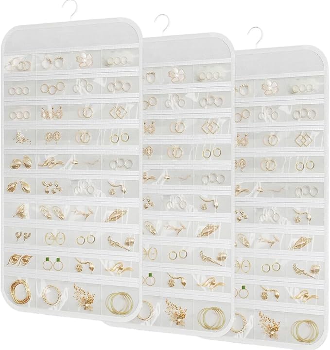 3PCS Hanging Jewelry Organizer with 80 Pocket Double-Sided Jewelry Holder Storage Wall Door Closet Accessories Organizer for Earrings, Necklaces, Rings (White)