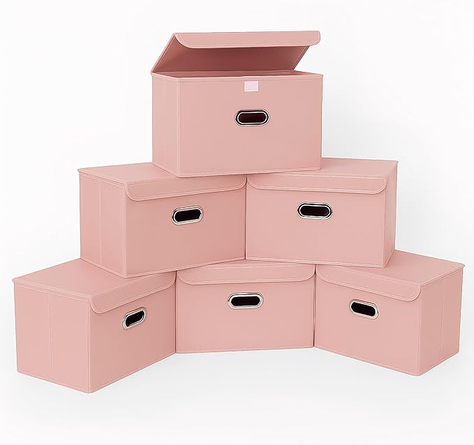 STOREONE Fabric Storage Cube Bins Foldable Organizer Container Collapsible Basket with Lids and Metal Handles, for Home, Bedroom, Closet 6 Pcs (multicolour-pink)