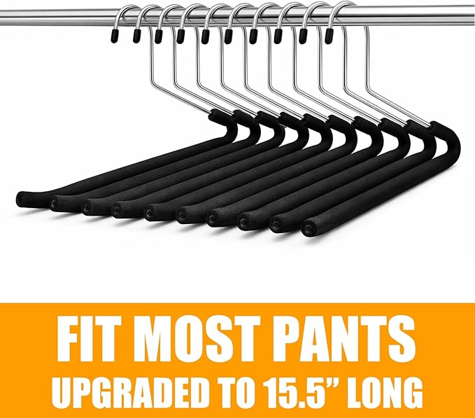 [Upgraded Reversed Hook] HUJI Extra Long Heavy Duty Open Ended Ergonomic Easy Slide Non-Slip Wrinkle Free Foam Coated Metal Pants Hangers Trouser Organizers (10 Pieces Set)
