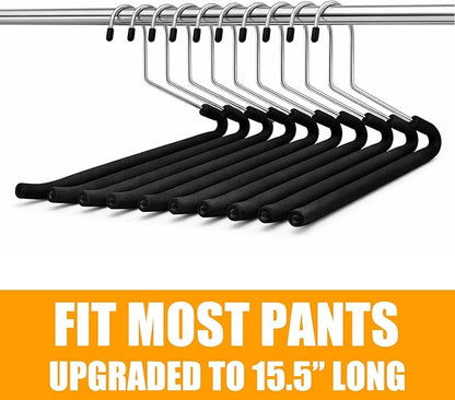 [Upgraded Reversed Hook] HUJI Extra Long Heavy Duty Open Ended Ergonomic Easy Slide Non-Slip Wrinkle Free Foam Coated Metal Pants Hangers Trouser Organizers (10 Pieces Set)