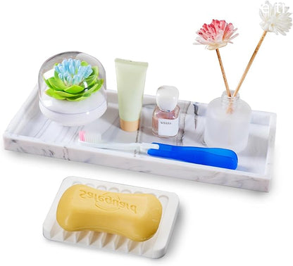 Bloss Bathroom Counter Marble Tray and Soap Holder - 15.7x5.9 inch Silicone Bathroom Vanity Trays, Marble Tray for Kitchen Counter, Toilet Tank Tray,Trays for Perfume, Jewelry,Candle, Key
