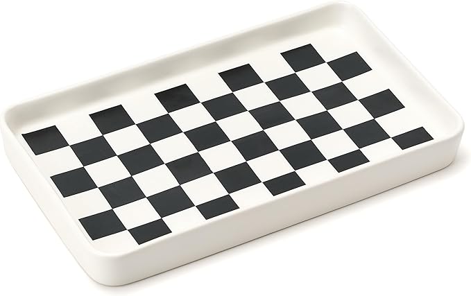 Texture Checkered Surface 10"×6"×1" Bathroom Vanity Tray for Countertop- Ceramic Decorative Organizer Tray for Dresser Top, Toilet, Perfume, Sponge Holder Soap Dish Dispenser for Kitchen Counter
